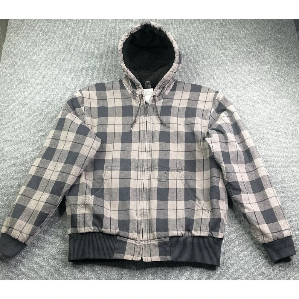 Carhartt Jacket Mens L Grey Plaid J260‎ SMK Hooded Quilted Flannel Work Coat